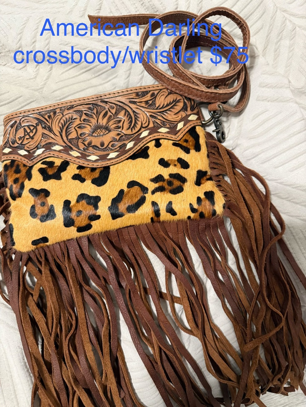 American Darling Brown Leopard Fringe Crossbody Wristlet with Tooled Leather